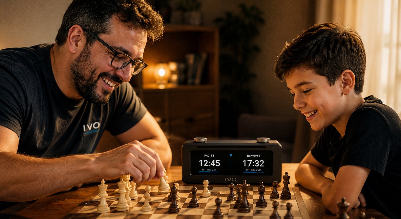 Father and son playing chess together, facing each other across the board