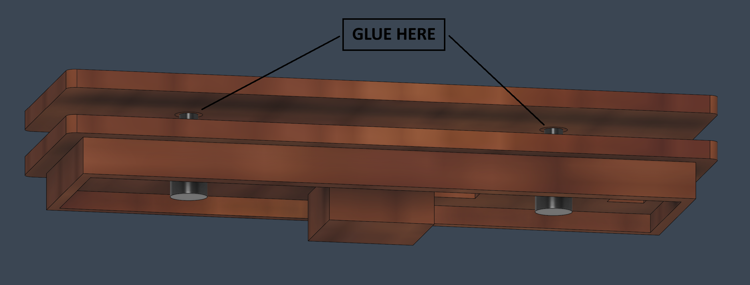 Diagram showing the two glue points for the button pins, each marked GLUE HERE